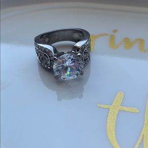 Silver large stone costume ring